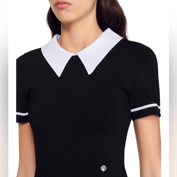 Sandro Hirondelle Black Knit Collared Dress 40 8 - Picture 2 of 4